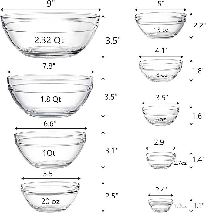 Lawei Set of 9 Glass Mixing Bowls - Glass Nesting Bowls Prep Bowl Clear Salad Bowls for Kitchen Prep Salad, Cereal, Ice Cream, Pasta, Fruits