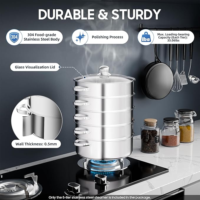 5-Tier Stainless Steel Steamer, Stainless Steel Steamer Basket Multi-Layer Cookware Steamer Pot Food Grade Steamer Pot with Glass Lid and Handles for Home Kitchen Restaurant Hotel (Silver A, 11inch)