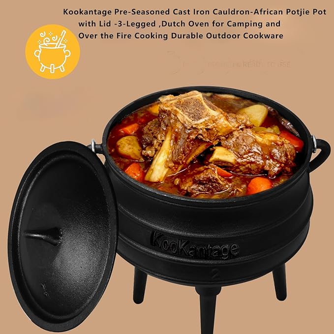 Pre-Seasoned Cast Iron Cauldron - 6 Quart African Potjie Pot with Lid - 3-Legged Dutch Oven for Camping and Over-the-Fire Cooking - Durable Outdoor Cookware