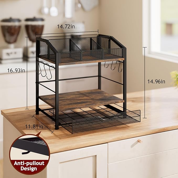 Coffee Bar Organizer - Countertop Coffee Station, 42 K Cup holder Storage Basket with Drawer and Hooks for Syrup, Cups, Stirrer, Condiment, Tea Organizer, Black and Brown