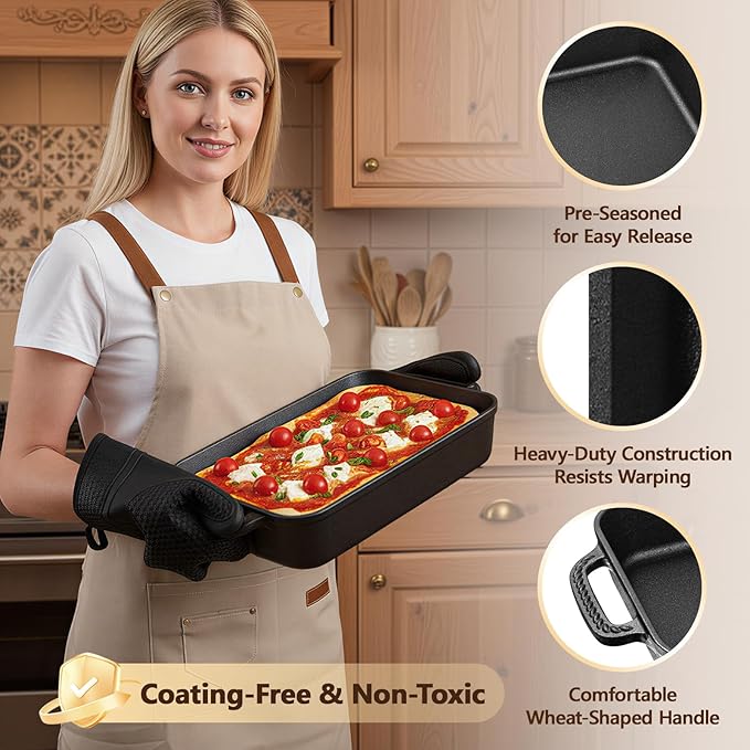 Cast Iron Detroit Pizza Pan - 9x13 Inch Pre-Seasoned Deep Baking Dish for Casserole, Focaccia, Lasagna