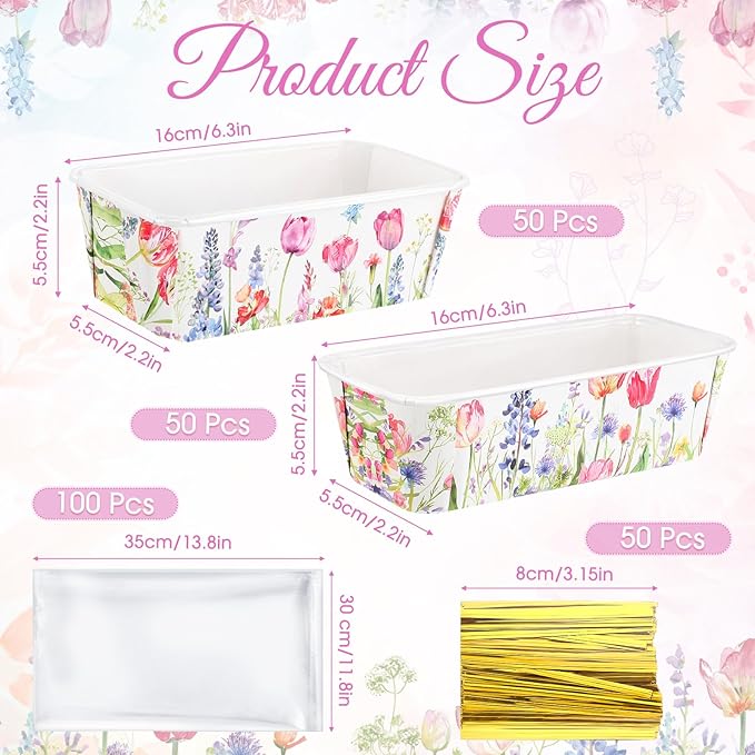 Honeydak 100 Sets Mini Loaf Pans Disposable Spring Paper Baking Pans Bulk 6.3 x 2.2 x 2.2 in Floral Serving Tray Wildflower Watercolor Pattern Party Supplies (Spring)