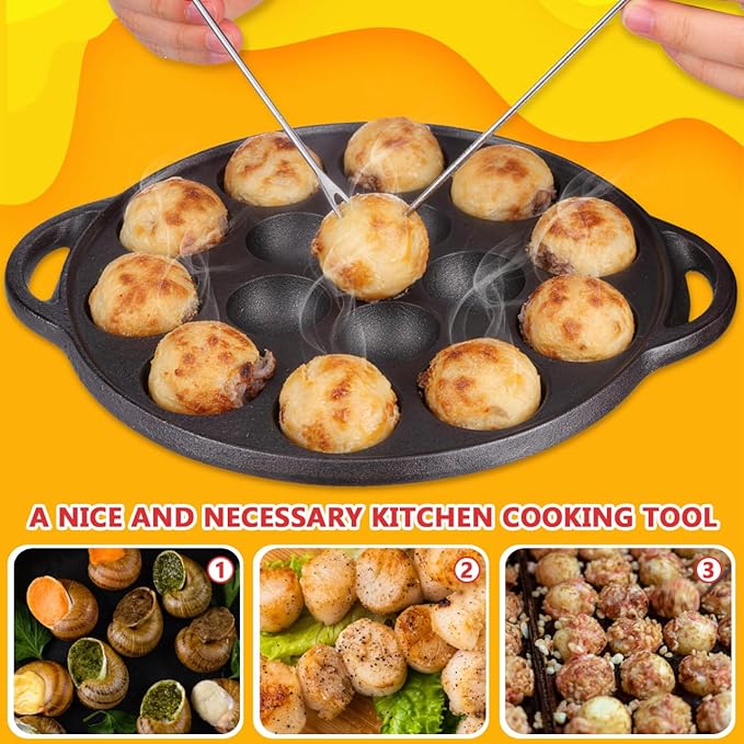 Cast Iron Takoyaki Pan with 15 Holes, Non-Stick Escargot Plate for Snails and Meatballs, Includes Forks and Brush, Compact Size for Home and Professional Use
