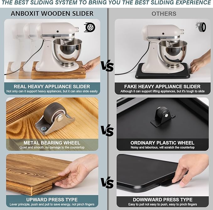 Appliance Slider, Wooden Sliding Tray for Coffee Maker, Coffee Pot Slider for Counter, Kitchen Caddy Rolling Tray (Rustic Brown- Deep)