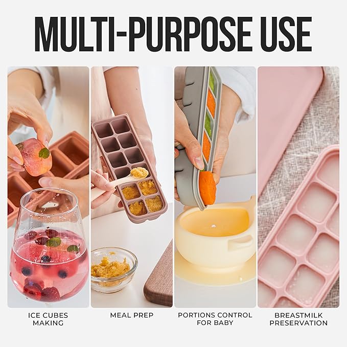 1.7 oz/4 Sections Silicone Ice Cube Freezer Tray with Lid, 100% Food-Grade Platinum Silicone,Leak Resistance & Dishwasher Safe for Baby Food Prep,Breast Milk,Purees - Korean Made, Brown