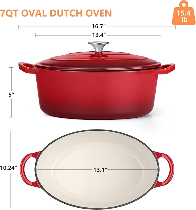 TeamFar 7QT Oval Dutch Oven, Enameled Cast Iron Dutch Oven Pot with Lid, For Bread Baking/Stewing/Braising/Frying, Suitable for Various Stoves, Non-stick & Easy Clean, Red