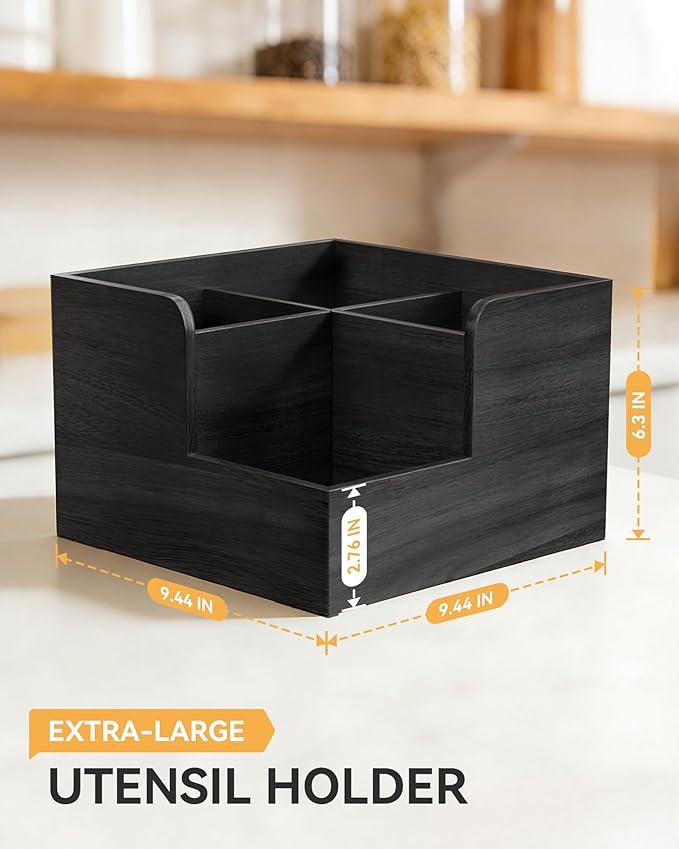 Yofidra Kitchen Utensil Holder with Stone Drying Mats, 4 Compartments Corner Utensil Holder for Kitchen Countertop, Extra Large Silverware Organizer (Black)