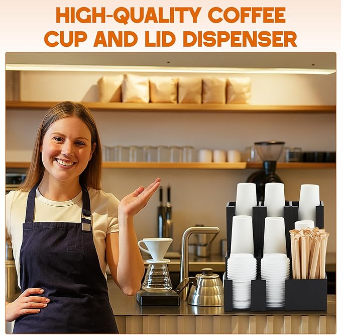 Wooden Vertical Coffee cup and lid dispenser, coffee condiment organizer, 9 Compartment for Disposable Paper & Plastic Cup, for cabinet Station Home Countertop Bar 13''l x 13''w x 12''h