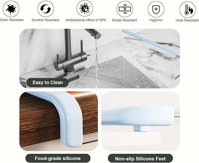 New & Improved Clear Tempered Glass Cutting Board for kitchen with Counter Lip, Large Cutting Board, Glass Chopping Board, Scratch-Resistant, Non-Slip (Blue)