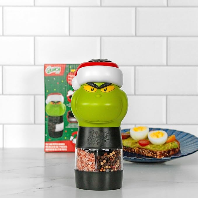 Uncanny Brands Dr. Suess The Grinch Salt and Pepper Grinder – Dual Chamber Electric Mill with Adjustable Coarseness and LED Light – Battery Powered