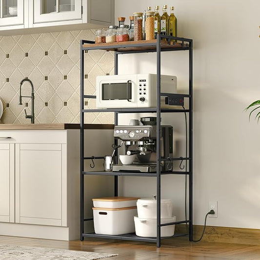 Bakers Rack with Power Outlet, Microwave Stand with Hooks, Multifunctional Storage Rack, Coffee Bar with Enclosure, Kitchen Storage Shelf, for Kitchen, Dining Room, Rustic Brown BRHR40E01N1