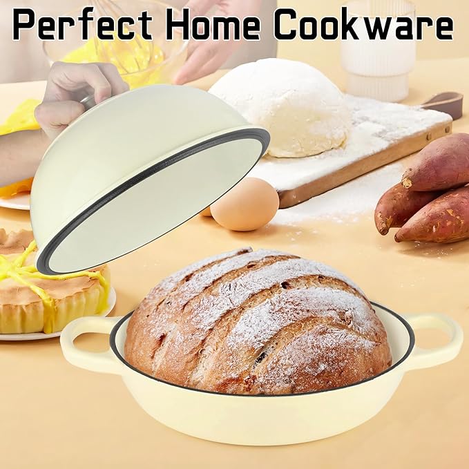Enameled Cast Iron Bread Oven, Dutch Oven Pot with Lid, 10" Bread Dutch Oven for Sourdough Bread Baking, 6 Quarts Bread Pan with Dome Lid, Non-stick Cookware for Homemade Bread, Beige