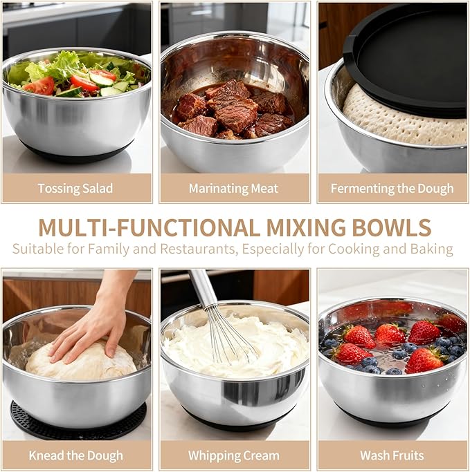 Deedro Premium Mixing Bowls with Airtight Lids Set, 22Pcs Thicker Stainless Steel Mixing Bowl Set, Large Prep Metal Bowls, Non-Slip Silicone Base Nesting Bowls for Kitchen, 1.5/2/3/4/5 QT, Black