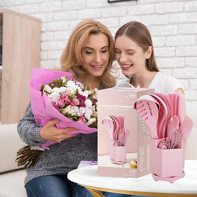 Kitchen Utensils Set,Caliamary 19 PCS Cooking Utensils Set with 360° Rotating Holder,Non-Stick Heat Resistan Kitchen Tools and Gadgets with Anti-slip Handle,Silicone One-Piece Molding (Pink)