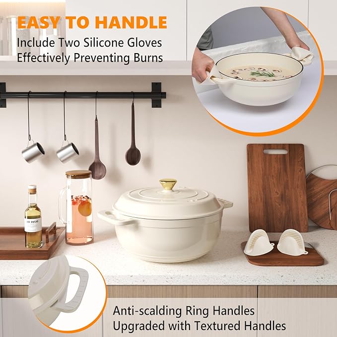 ROVSUN Enameled Cast Iron Round Dutch Oven, 7.5QT Pot with Lid &Dual Handles with Silicone Gloves,Oven Safe up to 500°F, Heavy-Duty Pre-Seasoned Cookware for Bread Baking, Braising, Stews, Roasting,Cream White