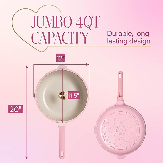 Paris Hilton Jumbo Sauté Pan with Lid, Cast Aluminum Cookware with Ceramic Nonstick Coating Made Without PFAS, PFOA, PFOS & PTFE, 4-Quart, Pink