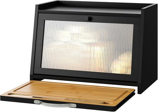Bread Box with Cutting Board, Bamboo Bread Box for Kitchen Counter, Bread Storage Container with Wavy Arcylic Transparent Door (Black)
