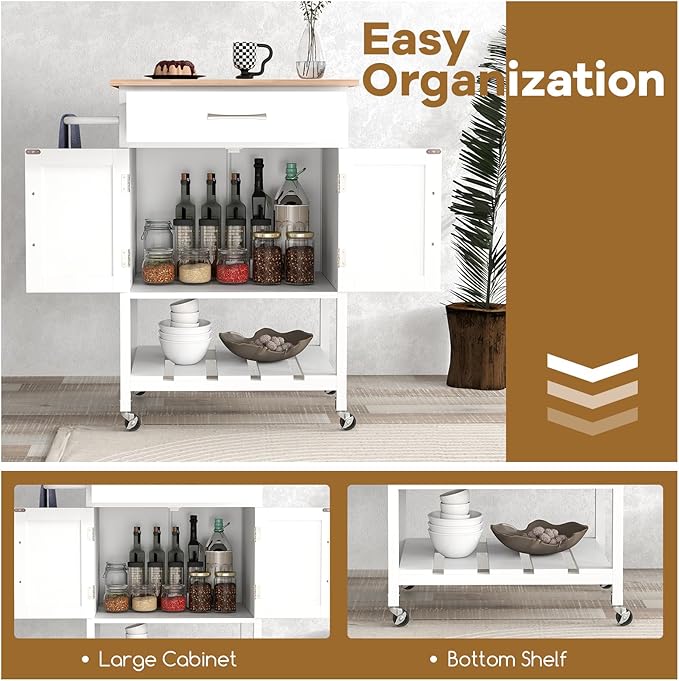 Giantex Rolling Kitchen Island Cart, Mobile Serving Cart with Drawer, 2-Door Storage Cabinet, Storage Shelf, Towel Rack, Food Prep Utility Cart on Wheels for Dining Room, Living Room (White)