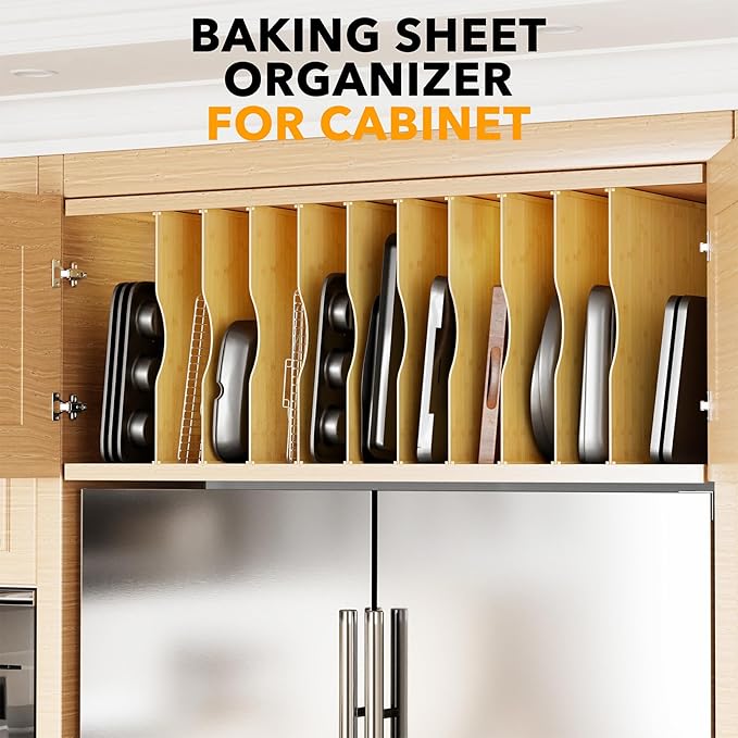SpaceAid 10 Pack Tray Dividers for Cabinets, Bamboo Kitchen Cookie Baking Sheet Organizer for Cabinet, Vertical Pan and Trays Organizers for Pantry Storage