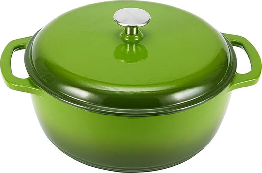 Amazon Basics Enameled Cast Iron Dutch Oven Pot with Lid, Oven Safe, Heavy-Duty, Dual Handles for Baking, Roasting, Stews, Easy to Clean, 7.3-Quart, Green
