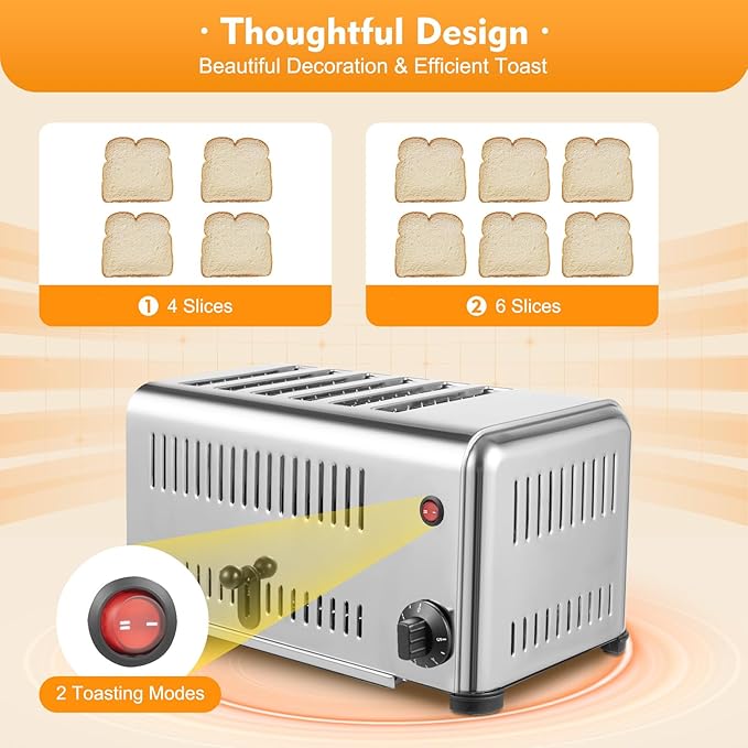 Electric 6 Slice Toaster with 5 Shade Settings, Commercial Bread Baking Machine 1.1in Wide Slot, 1680W, 201 Stainless Steel, for Various Bread Types