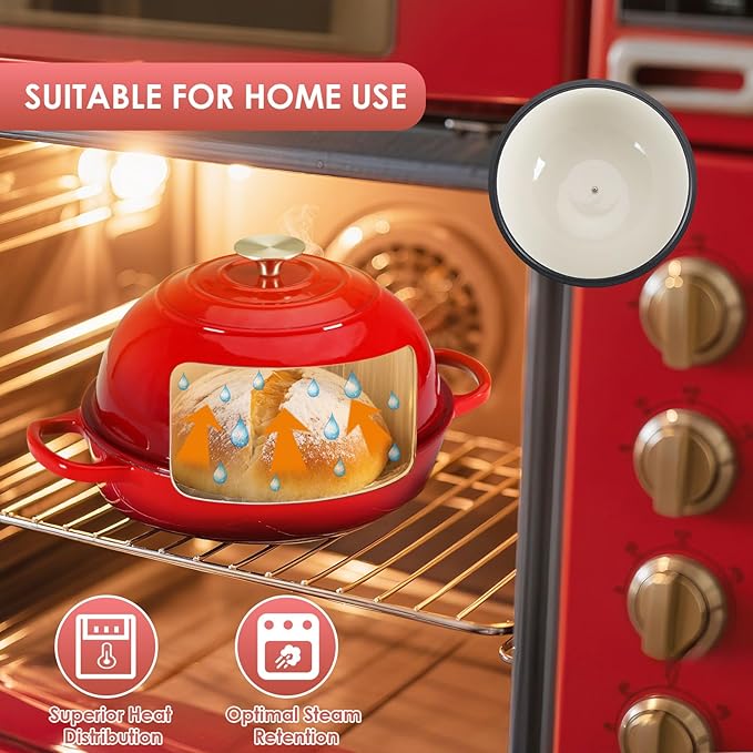LIFERUN 6qt Enameled Cast Iron Dutch Oven for Sourdough Bread Baking, Non-Stick Dome-Shaped Bread Oven Pot with Lid, Silicone Handles and Scraper, Red