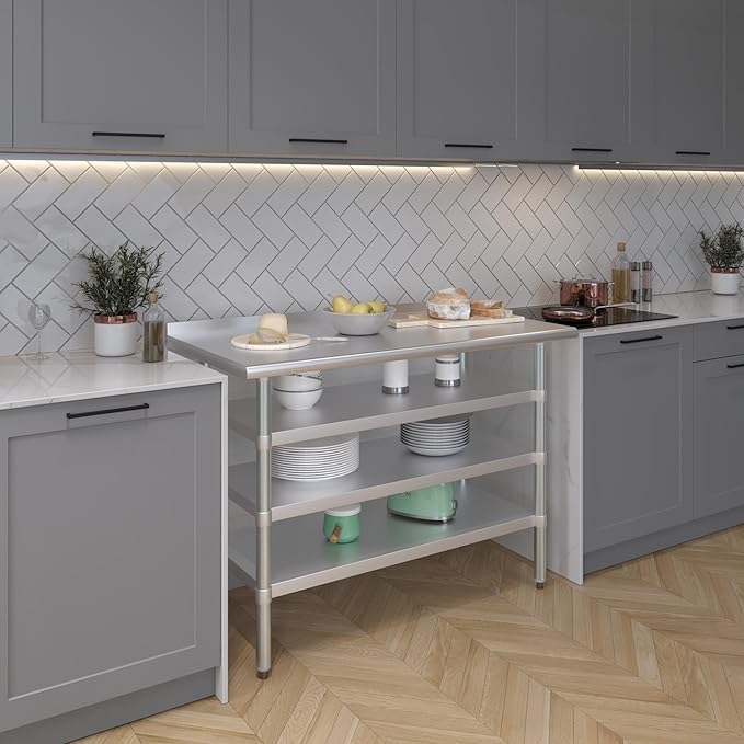 AmGood Stainless Steel Work Table with 1.5" Backsplash and 3 Shelves | Metal Kitchen Food Prep Table | NSF (48" Long x 24" Deep)