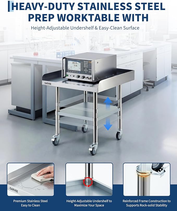 Garvee Stainless Steel Work Table, 24x36x26 Inch Commercial Food Prep Worktable with Wheels, Fixed 3-Sided Backsplash & Height-Adjustable Shelf, Heavy Duty Workbench for Kitchen Restaurant Garage