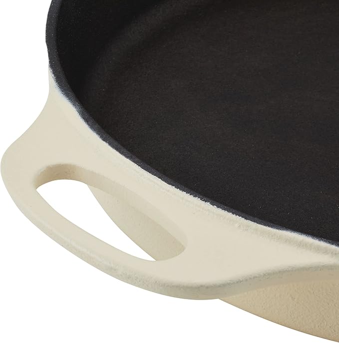 Rachael Ray NITRO Cast Iron Frying Pan/Skillet with Helper Handle and Pour Spouts, 12 Inch, Almond