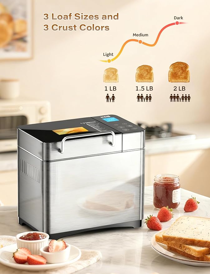 KBS Pro 710W 2LB Bread Maker, Stainless Steel 17-in-1 Smart Bread Machine with Healthy Ceramic Pan, Automatic Nut Dispenser, Tempered Glass Touch Panel, 3 Crust Colors, 15H Timer& Keep-Warm, Recipes