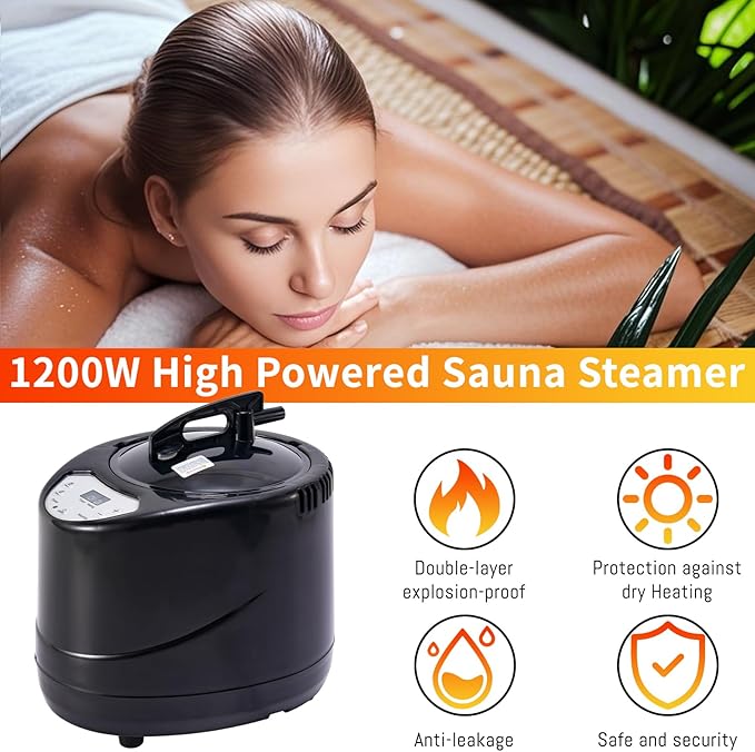 3L Sauna Steamer Machine for Home Sauna Tent, 1200W Fast Heating Steam Generator with Remote, Stainless Steel Pot Replacement for Personal Spa, Portable Body Detox (Black)