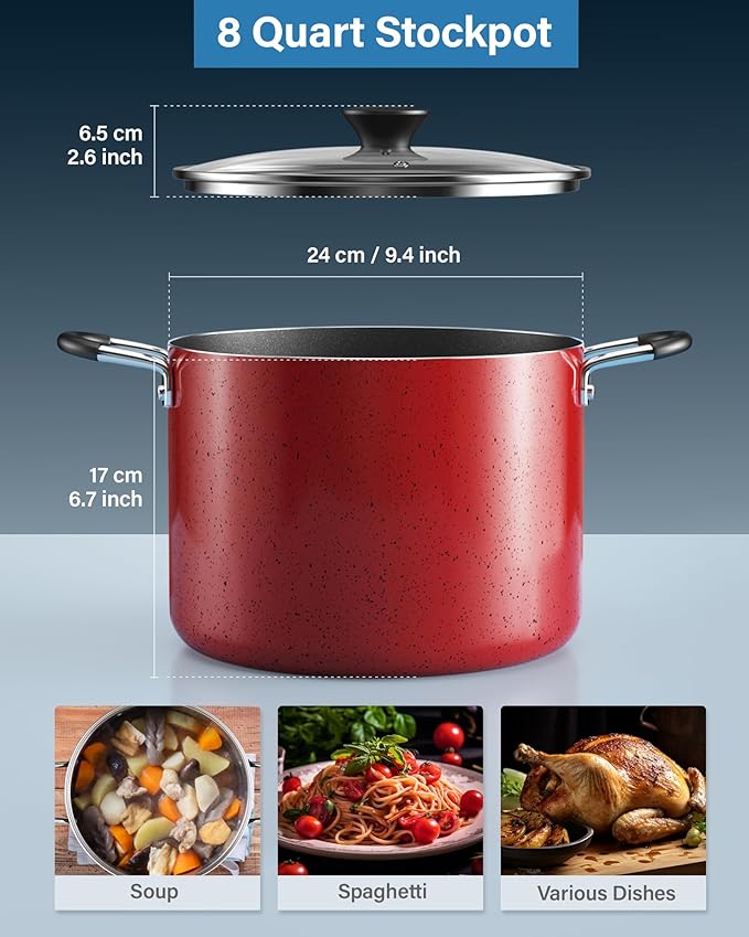 Cook N Home Nonstick Stockpot with Lid 8-Quarts, Professional Cooking Soup Pot, Canning Cookware, Marble Red