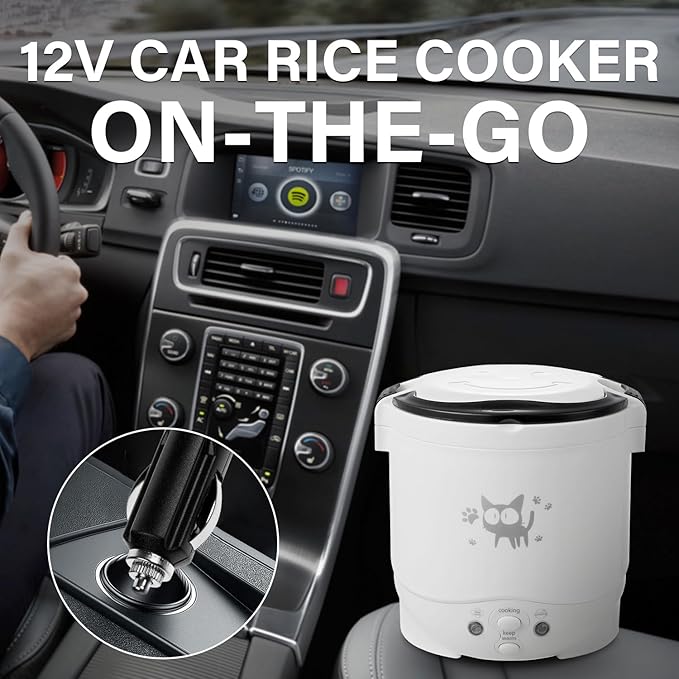 OSBA Mini Rice Cooker, 1L Small Rice Cooker 2 Cup-uncooked Travel Rice Maker 12V for Car with Steamer, Auto Keep Warm Suitable For 1-2 People, White