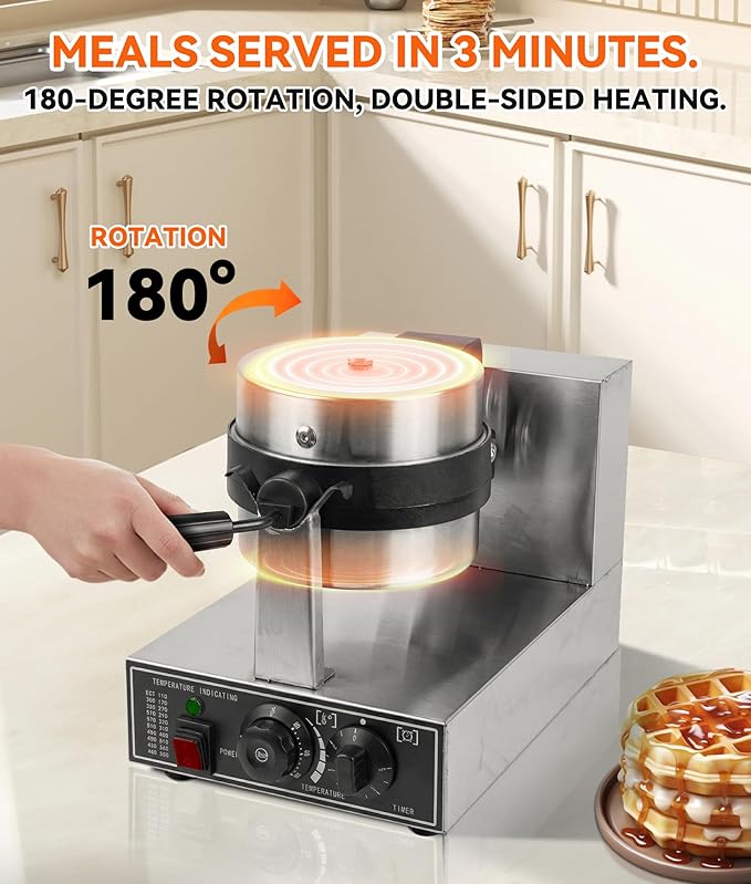 Commercial Waffle Maker, 1300W Round Waffle Iron, Teflon-Coated Non-Stick Baking Pan 180° Rotatable Waffle Baker Machine Stainless Steel Body With Temp and Time Control 110V-120V