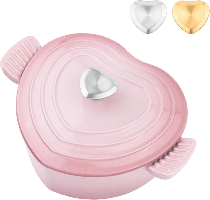 Mabeeze Heart-Shaped Enameled Cast Iron Dutch Oven 2-Quart Casserole Pot with Lid, Gradient Pink Nonstick, Oven-Safe, Compatible with All Cooktops Ideal for Baking, Braising & Serving