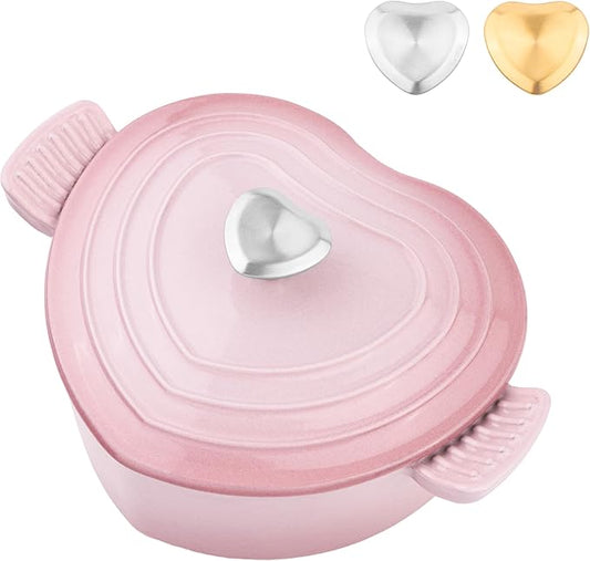 Mabeeze Heart-Shaped Enameled Cast Iron Dutch Oven 2-Quart Casserole Pot with Lid, Gradient Pink Nonstick, Oven-Safe, Compatible with All Cooktops Ideal for Baking, Braising & Serving