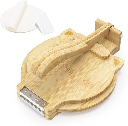 Tortilla Press 10 Inch - Bamboo Quesadilla & Roti Maker with Parchment Paper Sheets & Dough Cutter for Homemade Flour Corn Tortilla, Wood Tortillera Pataconera Tortilla Maker for Home Baking