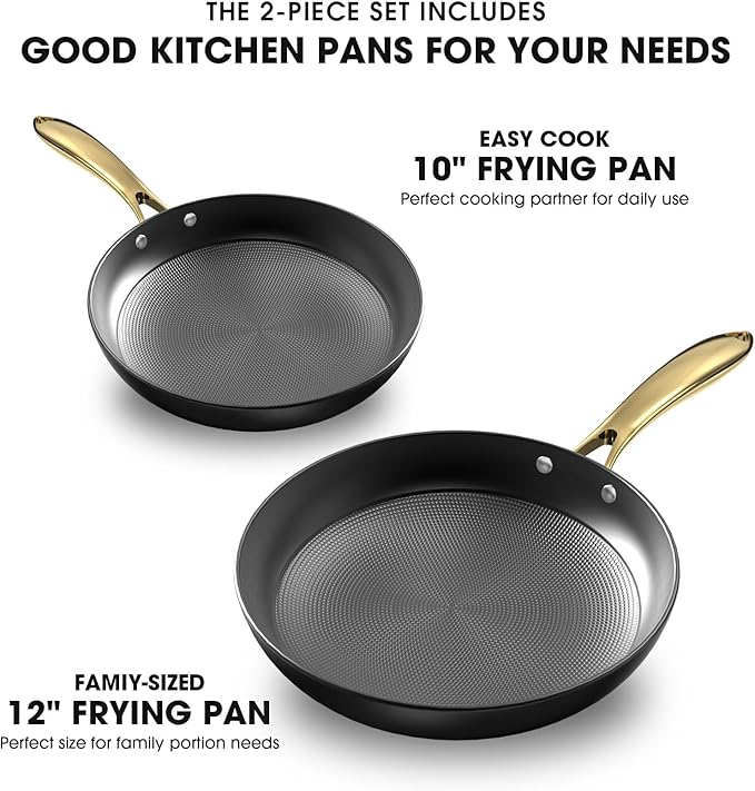imarku Non Stick Frying Pans, 10 & 12 Inch Cast Iron Skillets with Honeycomb Surface, Oven Safe & Induction Compatible, Ergonomic Stay-Cool Handle, Gold