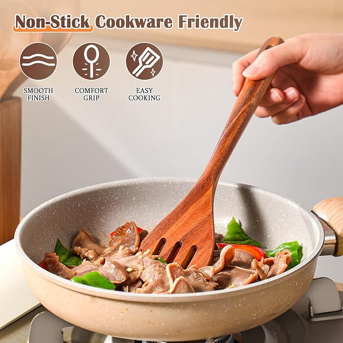 Wooden Spoons for Cooking, 11 Pcs Wood Cooking Utensils Set with Holder, Natural Acacia Wooden Kitchen Tools, Nonstick Cookware, Easy Clean, Kitchen Utensil Set for Mom, Wife Cooking Gifts