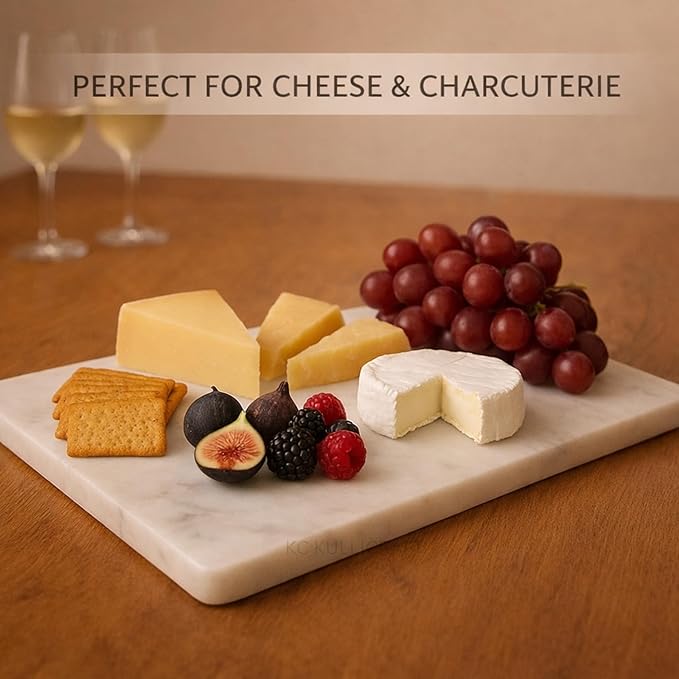 KC KULLICRAFT 8×12 Inches White Marble Cheese & Charcuterie Serving Board – Natural Marble Cutting Board & Pastry Slab with Non‑Slip Feet – Premium Stone Kitchen Tray Gift.