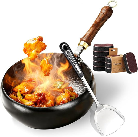 Uncoated Thick Iron Pot, Japanese Iron Pots for Cooking, Uncoating Cast Iron Pot, Hand Forged Iron Pan with Lid Stir Fry Wok Skillet, High Purity Frying Pans for Home Kitchen (No Lid, 11in)