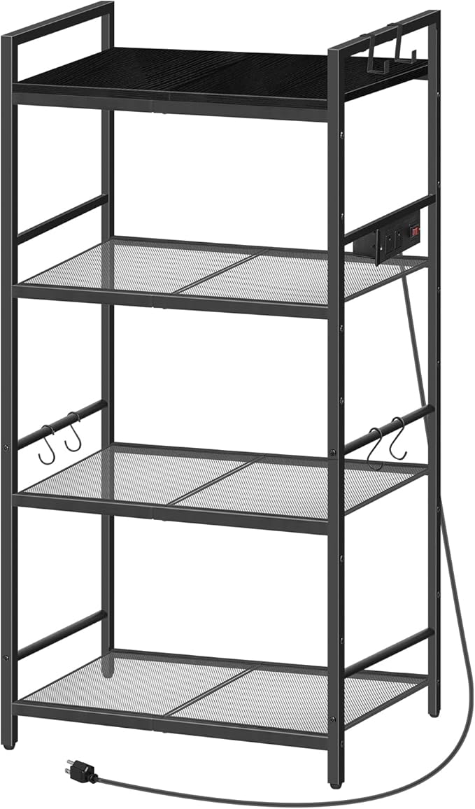 Bakers Rack with Power Outlet, Microwave Stand with Hooks, Multifunctional Storage Rack, Coffee Bar with Enclosure, Kitchen Storage Shelf, for Kitchen, Dining Room, Black BRHB40E01