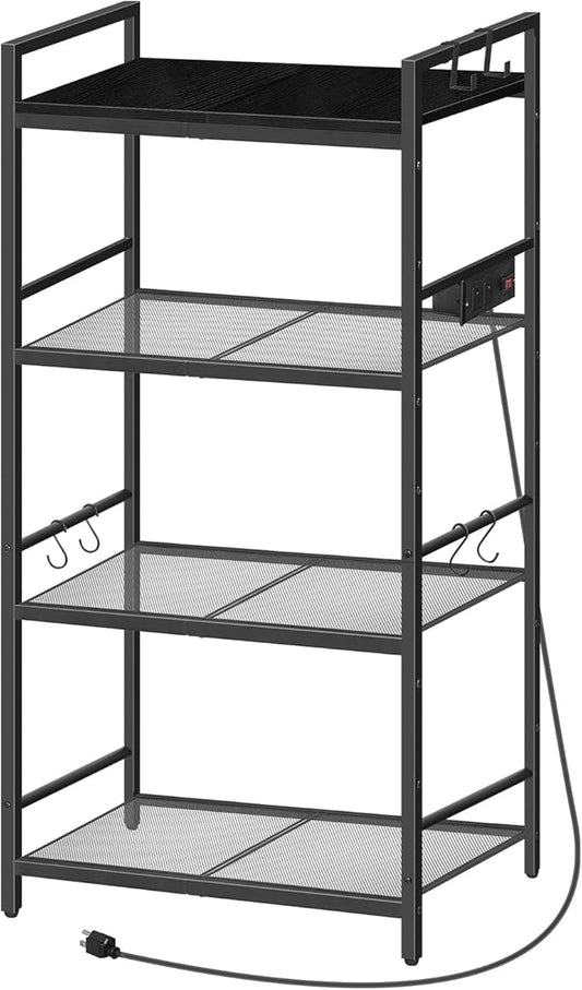Bakers Rack with Power Outlet, Microwave Stand with Hooks, Multifunctional Storage Rack, Coffee Bar with Enclosure, Kitchen Storage Shelf, for Kitchen, Dining Room, Black BRHB40E01