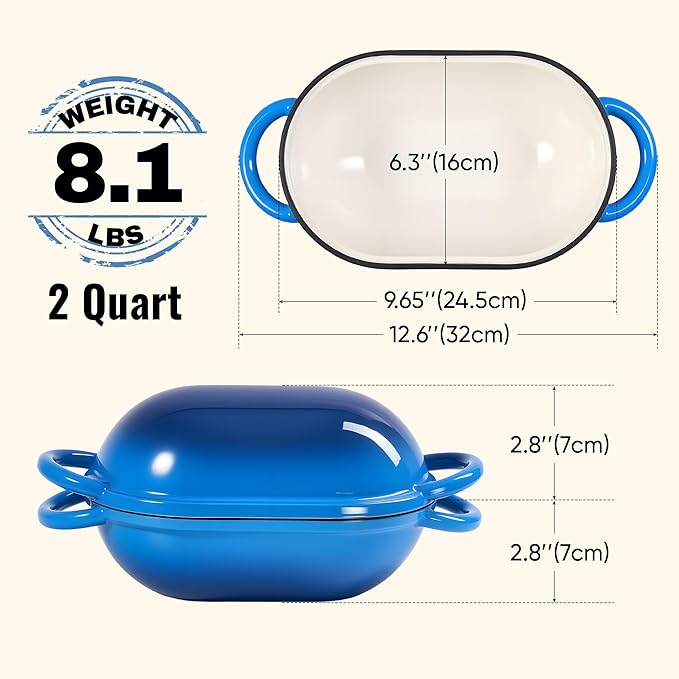 2 QT Oval Dutch Oven for Bread Baking, Enamelled Cast Iron Bread Oven for Sourdough, Sourdough Loaf Pan with Lid, Heavy-Duty Non Stick Bread Pan for Homemade Bread Baking, Blue