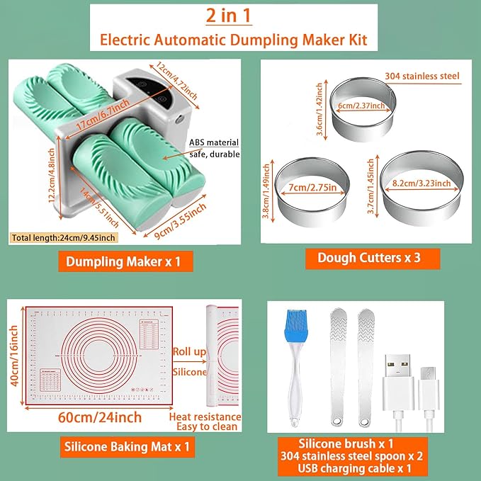 Electric Dumpling Maker Two Sizes Double Head Automatic Electric Dumpling Maker Machine Mould Household Quick Rechargeable Dumpling Maker Kit with Silicone Baking Mat,Dough Cutters,Spoon Brush