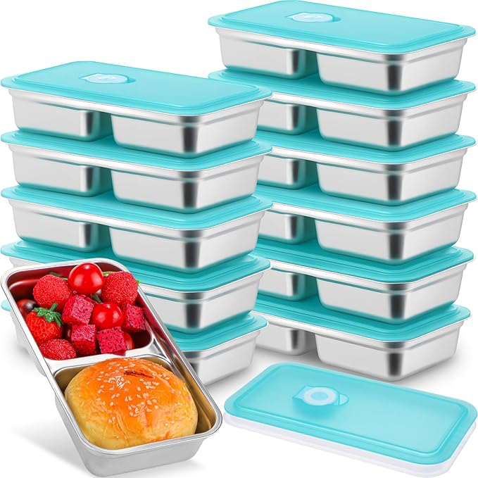 12 Pcs Stainless Steel Snack Containers 30 oz 2-compartment Meal Prep Containers Reusable Metal Divided Bento Box with Silicone Lids Leakproof Lunch Box Dishwasher Safe (Blue)