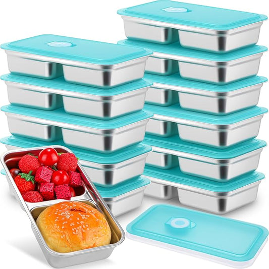 12 Pcs Stainless Steel Snack Containers 30 oz 2-compartment Meal Prep Containers Reusable Metal Divided Bento Box with Silicone Lids Leakproof Lunch Box Dishwasher Safe (Blue)