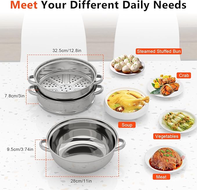3 Tier Stainless Steel Steamer, 12.8in Multifunctional Steamer Pot Meat Vegetable Cooking Steam Pot Kitchen Steamers Cookware with Transparent Pots Lid for Vegetable Dumpling Stock Sauce