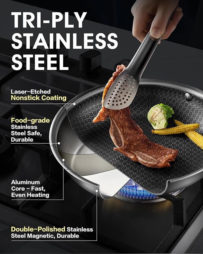 Nonstick Frying Pans with Lid,8/10/12 inch Stainless Steel Skillet Set with Honeycomb Surface, Induction Compatible, Oven & Dishwasher Safe, PFAS-Free Cookware Sets (Frying Pan 6PCS)