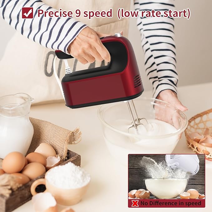 9-Speed Digital Hand Mixer Electric, 400W Powerful DC Motor, Hand Mixer Electric Handheld with Snap-On Storage Case, 5 Stainless Steel Accessories, Beaters, Dough Hooks, Whisk(Red)